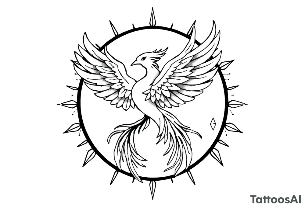 magical phoenix rising from golden flames with trailing embers surrounded by geometric sun and moon tattoo idea