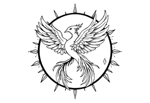 magical phoenix rising from golden flames with trailing embers surrounded by geometric sun and moon tattoo idea