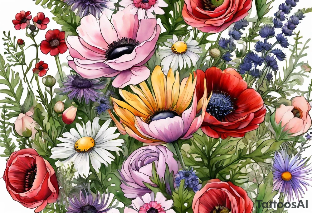 wildflowers with thistles, ferns, ranuculus, white anemones with black center, sun flowers, red flowers, pink flowers, purple flowers, buttercups, babys breath, daisies, and greenery all in watercolor tattoo idea