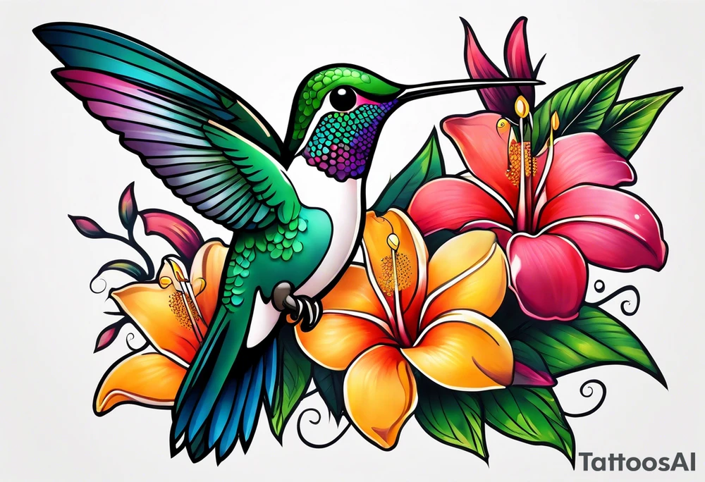 Hummingbird with a plumeria masculine style colorful tattoo idea