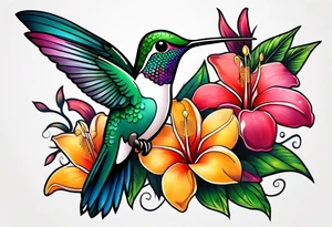Hummingbird with a plumeria masculine style colorful tattoo idea