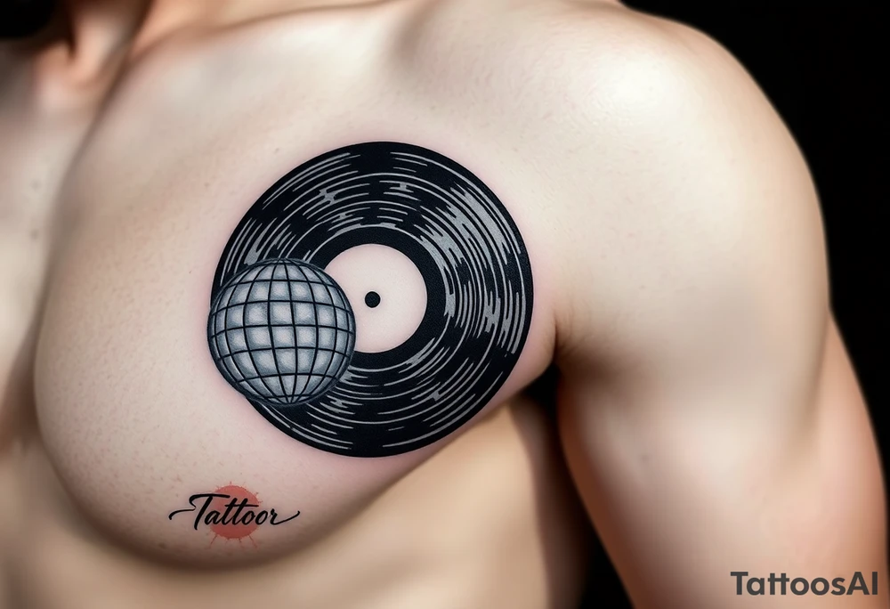 vinyl record with a smaller disco ball to the side of it tattoo idea