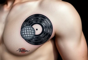 vinyl record with a smaller disco ball to the side of it tattoo idea