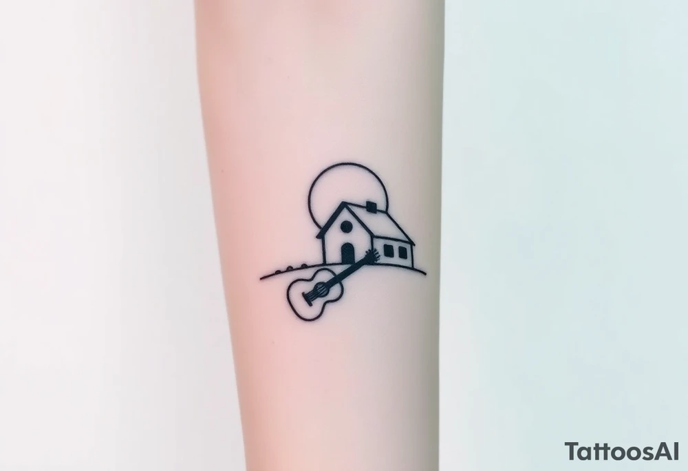 Corwded house distant sun with a guitar tattoo idea