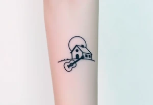 Corwded house distant sun with a guitar tattoo idea