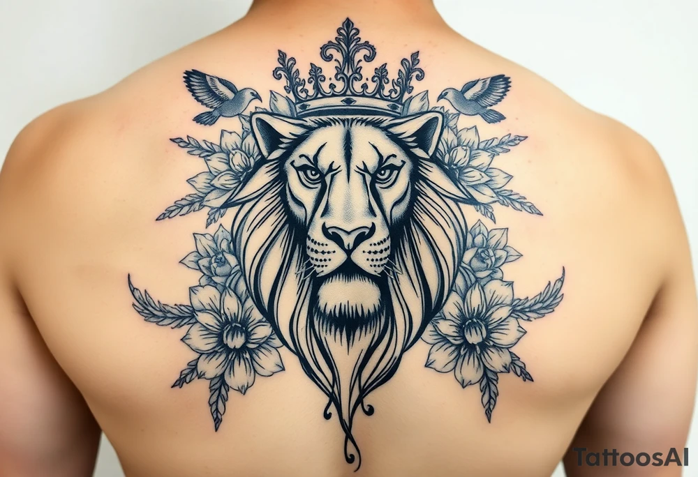 powerful majestic lion with a crown, surrounded by floral ornaments and birds tattoo idea