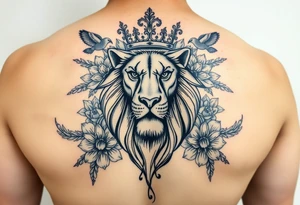 powerful majestic lion with a crown, surrounded by floral ornaments and birds tattoo idea