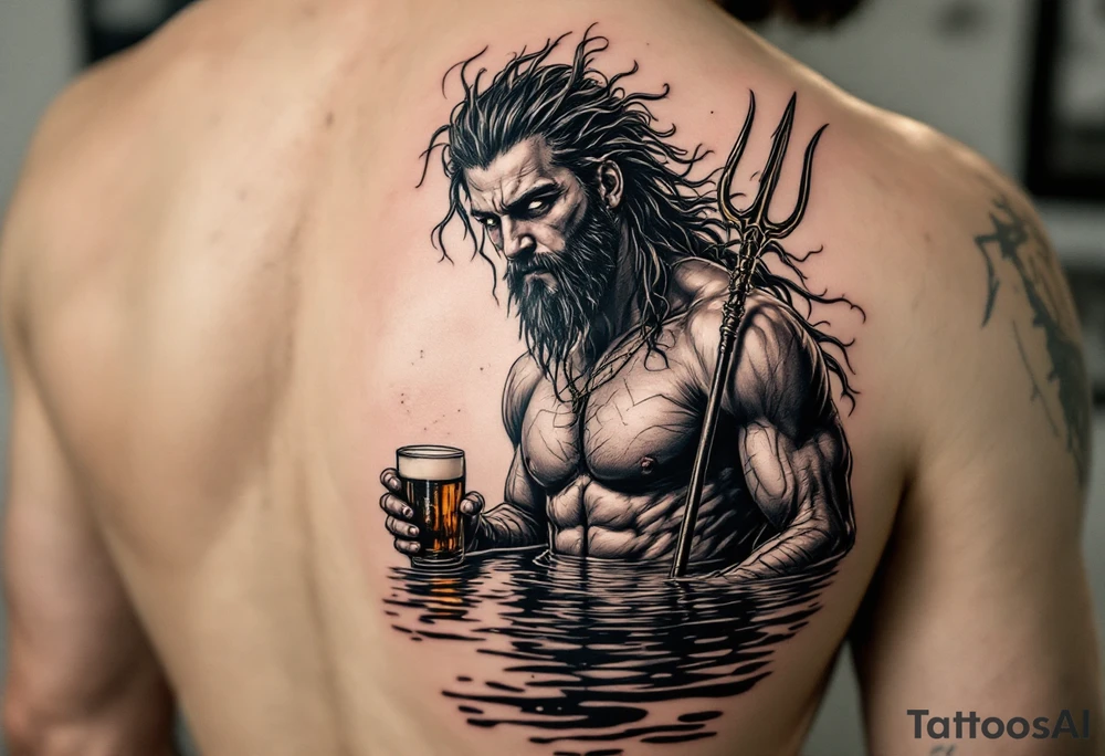 young, fit poseidon in calm water, holding a trident, holding a beer, looking in your eyes tattoo idea