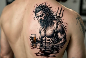 young, fit poseidon in calm water, holding a trident, holding a beer, looking in your eyes tattoo idea