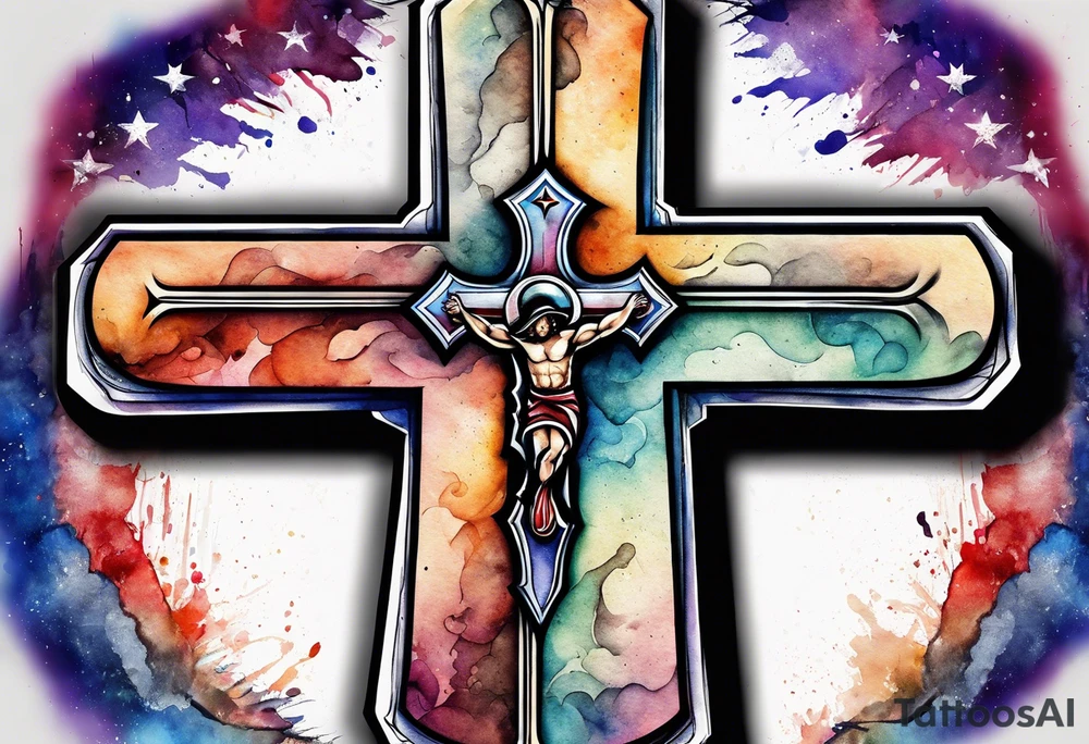 Cross made out of an American football with watercolor background tattoo idea