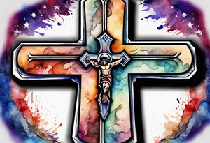 Cross made out of an American football with watercolor background tattoo idea