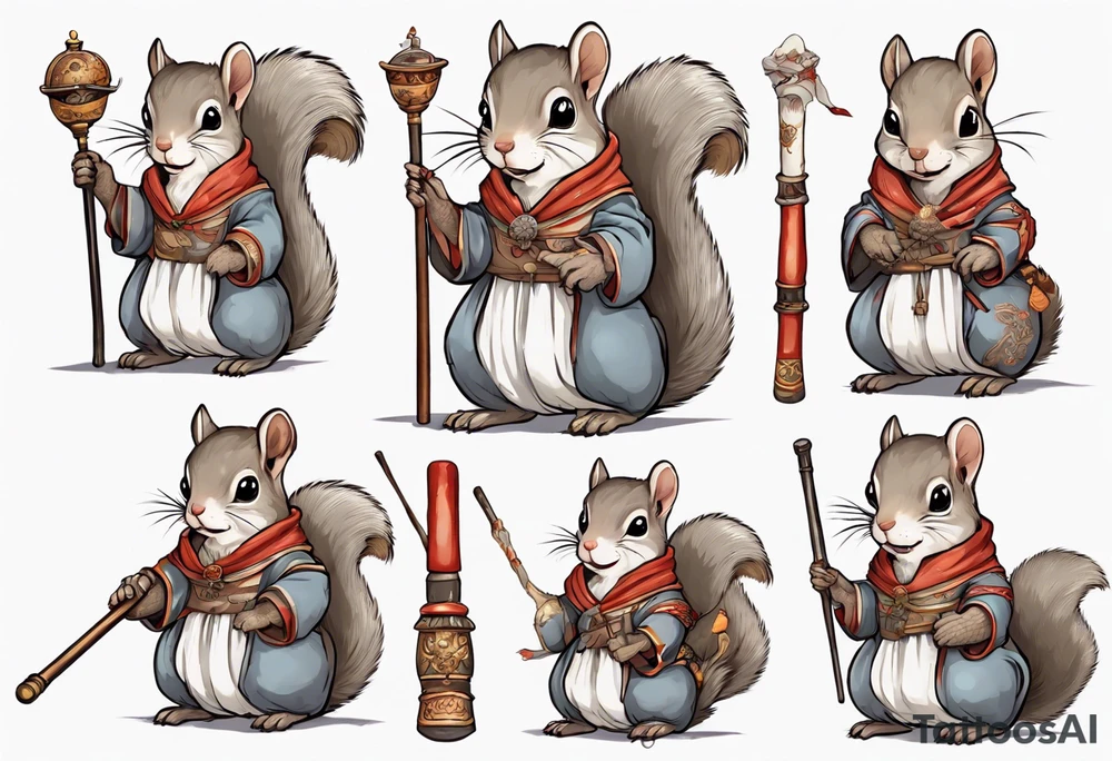 a grey squirrel dressed in a medieval tunic holding a large white stick tattoo idea