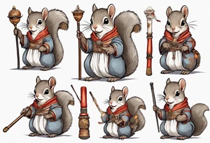 a grey squirrel dressed in a medieval tunic holding a large white stick tattoo idea