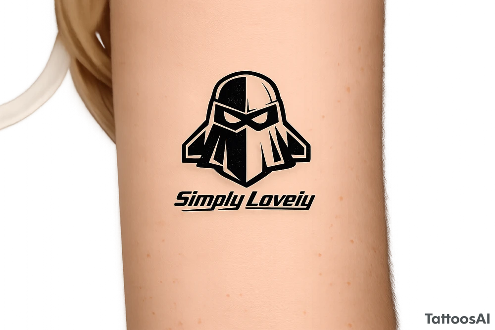 Create a 5 × 5 cm black ink tattoo combining the Koenigsegg Ghost logo, inspired by the Swedish flying squadron tribute, with the phrase **“Simply Lovely”** written underneath.

Make the ghost logo sharp, bold, and slightly aggressive, with a sleek hypercar and Formula 1 racing aesthetic. Use thick black outlines, clean geometric details, and a compact vertical composition. Below the ghost, add “Simply Lovely” in a bold italic racing font, similar to a motorsport team slogan.

Minimalist but powerful. Black and white only. No background, no extra logos, no flags, no car illustration. Professional tattoo stencil, crisp lines, highly readable text, designed for a small 5 × 5 cm tattoo. tattoo idea