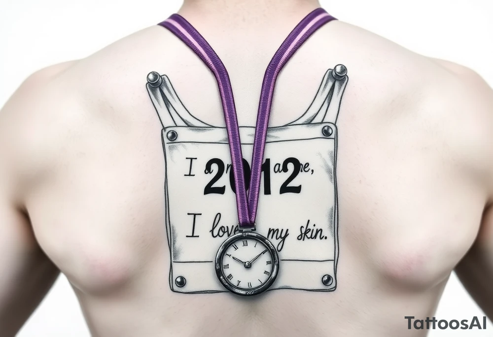Running bib with 2012 and “I don’t care, I love it” with purple and gold and safety pins going through my skin. Running medal draped in with it tattoo idea