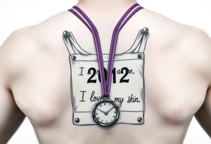 Running bib with 2012 and “I don’t care, I love it” with purple and gold and safety pins going through my skin. Running medal draped in with it tattoo idea