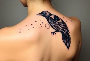 Raven with starry sky background with zodiac constellations in it with runes in sky tattoo idea
