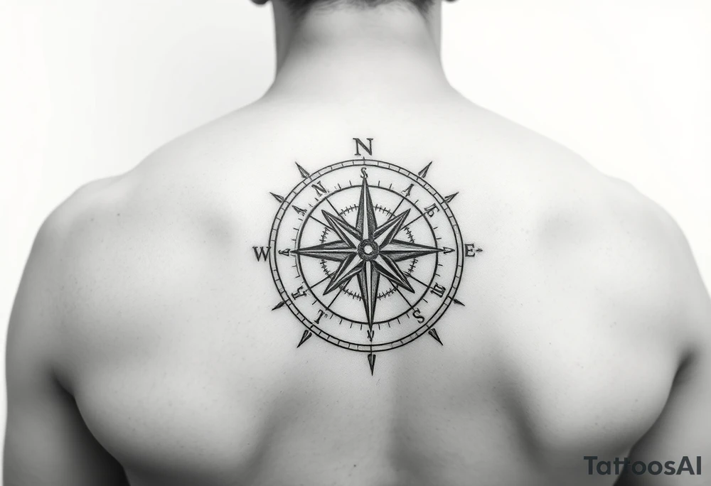 intricate compass on upper right back shoulder of a man. black and white. include cardinal directions and make more detailed. tattoo idea
