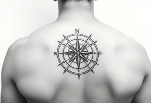 intricate compass on upper right back shoulder of a man. black and white. include cardinal directions and make more detailed. tattoo idea