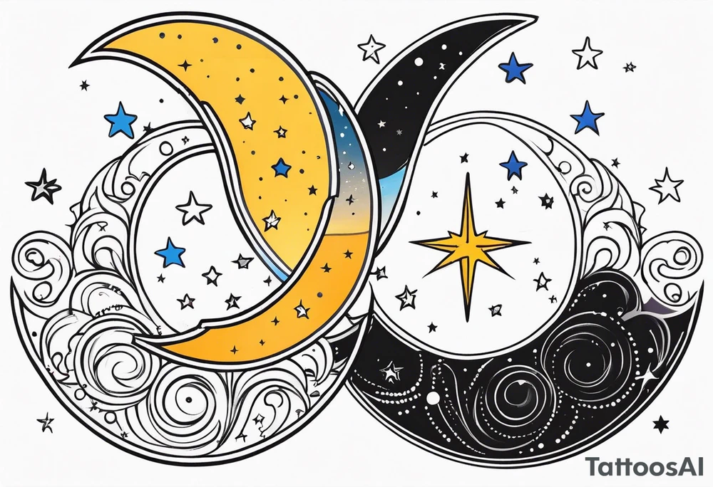 Western sun stars and moon. Mirrored with swirls and dots and stars tattoo idea