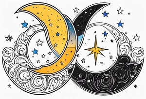 Western sun stars and moon. Mirrored with swirls and dots and stars tattoo idea