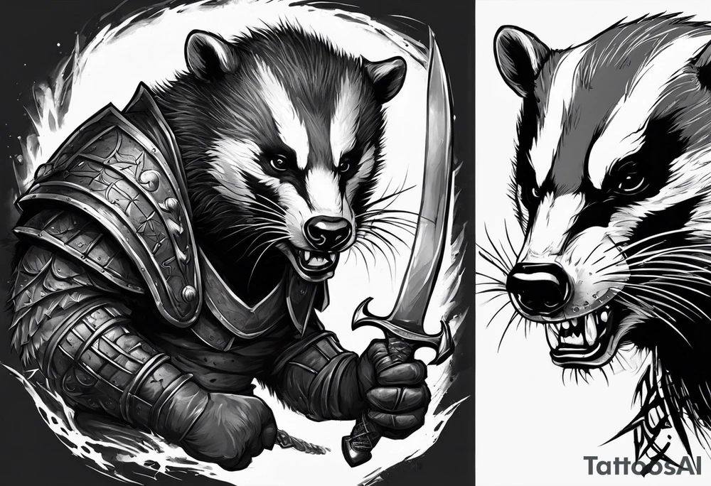 Draw me psychopath Badger/Gladiator with aggressive full body, killer face with a scary smile, very long nails and he attacks like a Bloody Assassin to us and also, he has very deadly looking. He fights with his nails. Everybody scares after their first sight. Give me horror type Badger Tattoo. I want to see his Realistic full body. tattoo idea
