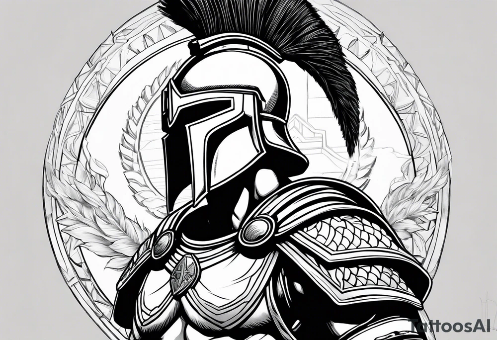 Side profile of spartan soilder with pantheon in background tattoo idea