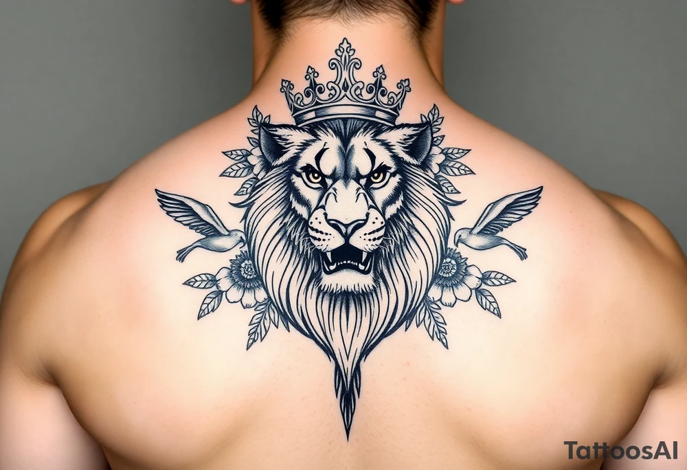 powerful majestic lion with a crown, surrounded by floral ornaments and birds tattoo idea