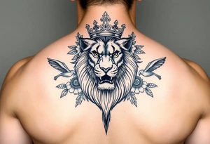 powerful majestic lion with a crown, surrounded by floral ornaments and birds tattoo idea