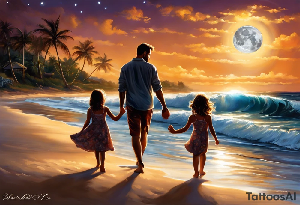 Create a stunning image of a realistic tattoo design that features a husband and wife holding hands, accompanied by their two children, walking along a beautiful beach. The moon shines radiantly in the night sky, illuminating the serene scene. Let your creativity flourish as you envision the intricate details that bring this tattoo to life, encapsulating the essence of love, family, and the awe-inspiring beauty of nature. tattoo idea