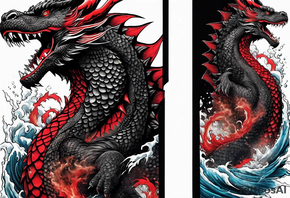 godzilla inspired dragon irezumi arm sleeve in black and red with water and lightning tattoo idea