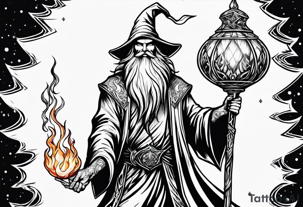 Wizard wrapped in flames and carrying a staff with a shining gem on top tattoo idea