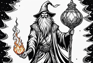 Wizard wrapped in flames and carrying a staff with a shining gem on top tattoo idea