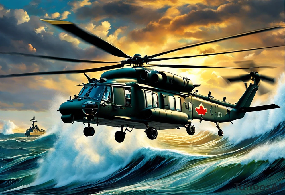 A cinematic-style tattoo depicting a Canadian military CH-148 Cyclone helicopter performing a daring maneuver over a turbulent ocean. The sky should be filled with dramatic clouds, and the sun should be setting, casting long shadows. The helicopter should be the main focus, with intricate details and a sense of motion. In the background, a poppy should be prominently displayed, and a quote from 'Lest We Forget' should be included, black and white tattoo tattoo idea