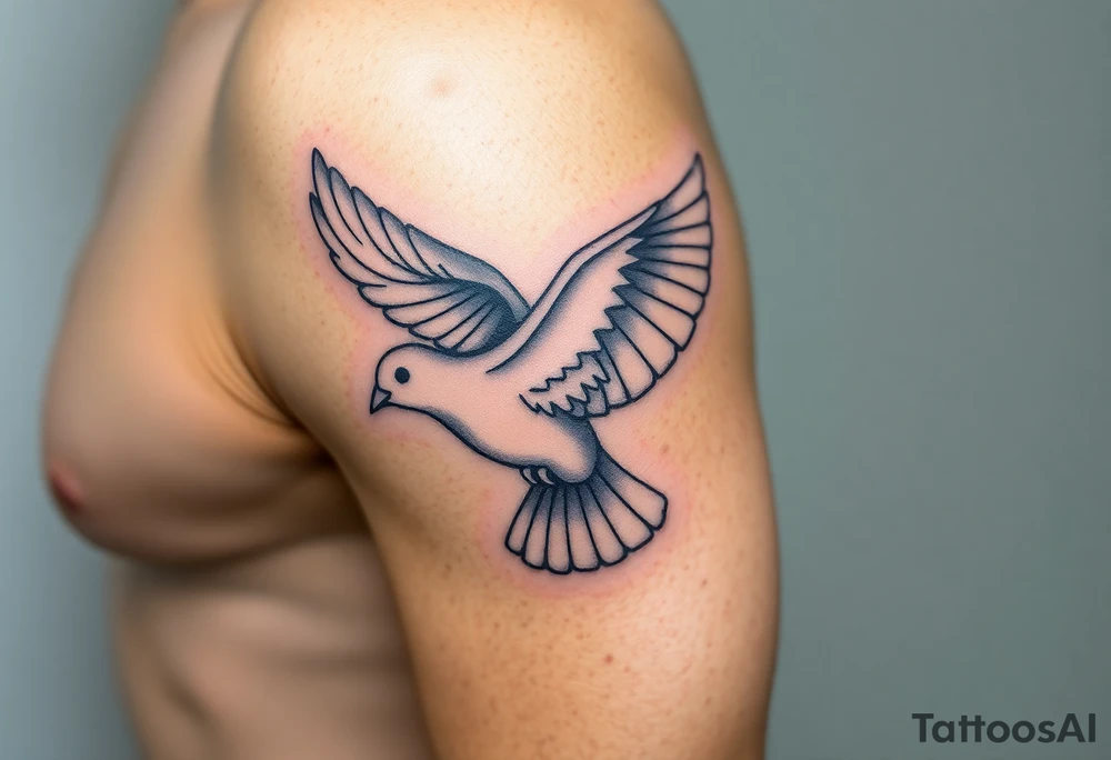 A realistic collared dove in flight, wings spread wide with soft gray and white feathers, symbolizing peace and freedom tattoo idea