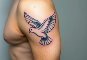 A realistic collared dove in flight, wings spread wide with soft gray and white feathers, symbolizing peace and freedom tattoo idea