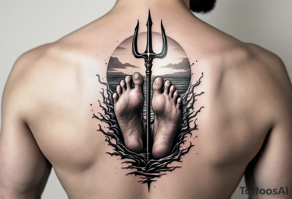 barefeet behind trident with water and sunset tattoo idea