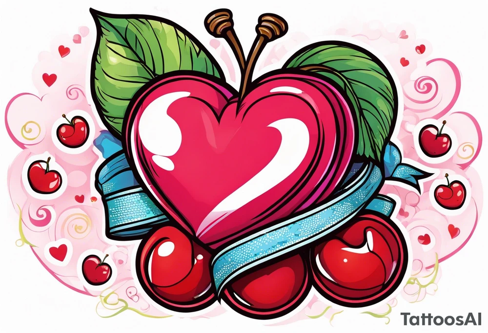 Cherries with ribbon and love heart candy tattoo idea