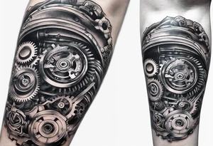 a cyborg armsleeve with gears and pistons and springs tattoo idea