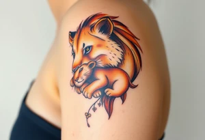 A lioness carrying her cub gently in her mouth, in rich golden and earthy tones, symbolizing fierce love and strength tattoo idea