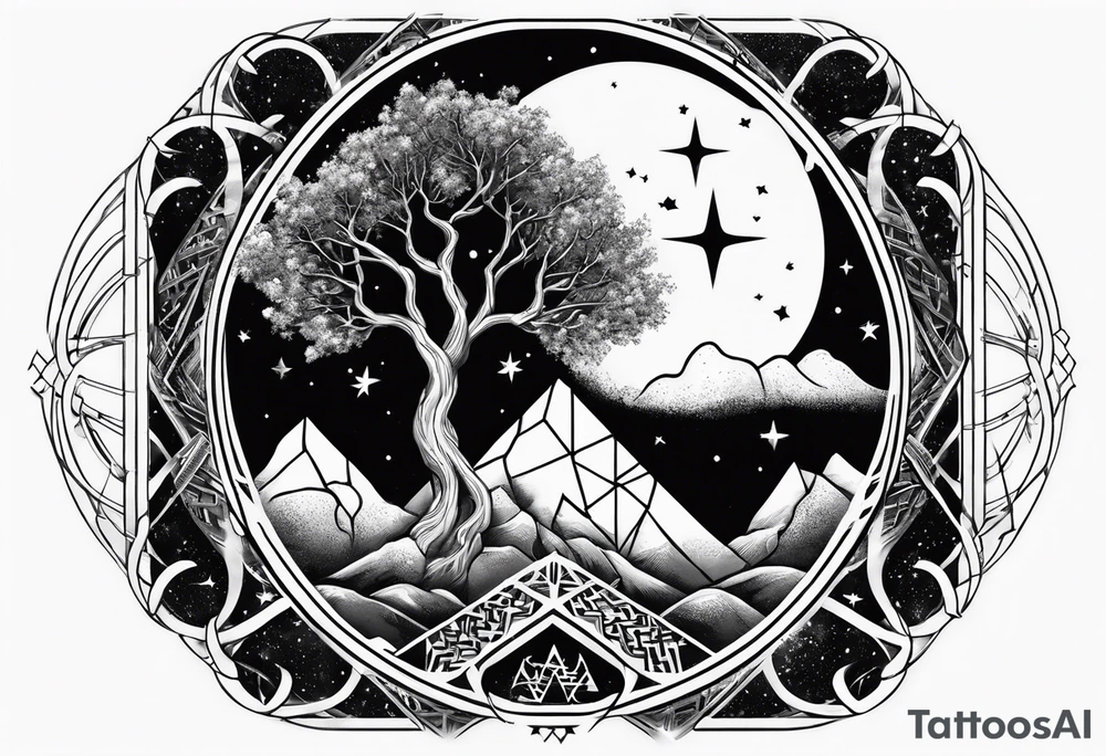 Tree of Life with DNA and Deathly Hallows Symbol and Velaris Mountains and Stars tattoo idea
