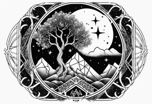Tree of Life with DNA and Deathly Hallows Symbol and Velaris Mountains and Stars tattoo idea