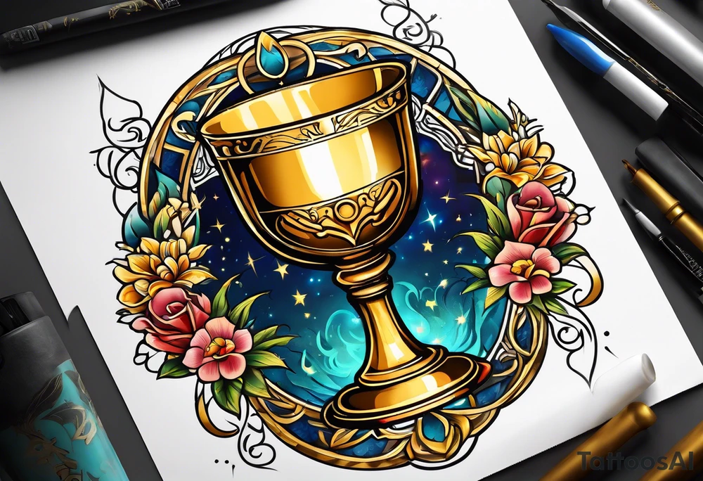chalice surrounded by golden halo tattoo idea