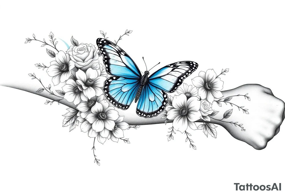 Sleeve/ floral with vines roses and daises large bright blue monarch in center of forearm with floral extending from wrist to mid bicep children’s names written with vines “ amber, Zachary, Justin, Harper, Vivian “ ARM SLEEVE tattoo idea