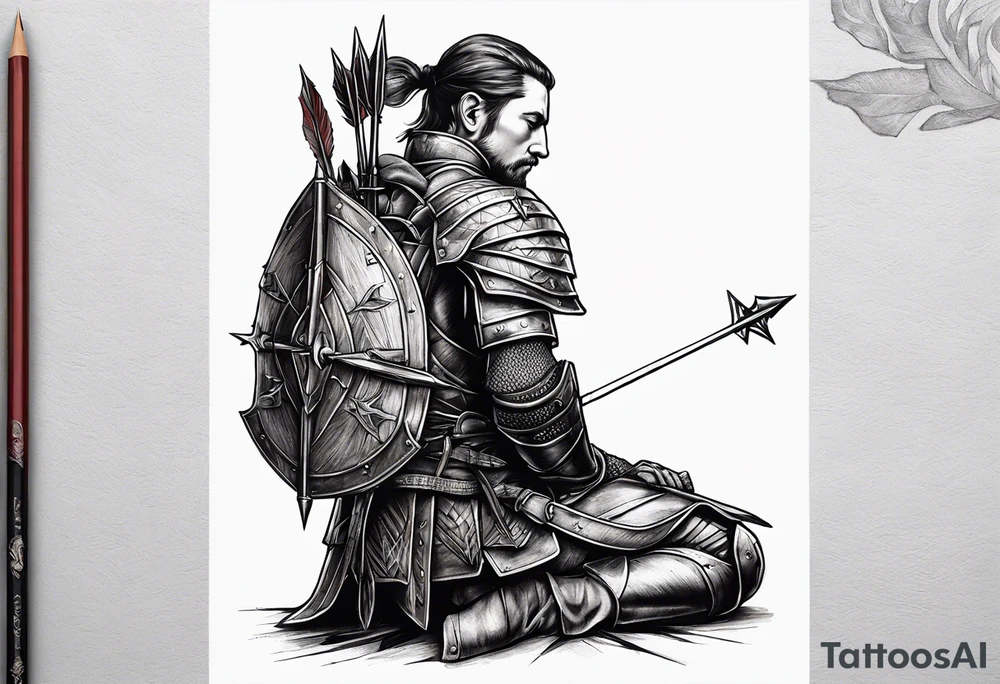 Side profile of a wounded knight on his knees with five arrows sticking out of his back tattoo idea