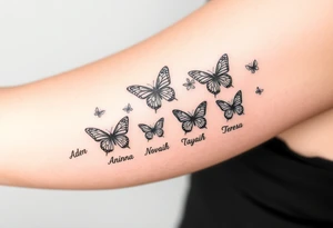 Six different butterflies streaming down arm with six kids names Aden, Aninna, Novaih, Rayla, Jayla, Teresa tattoo idea