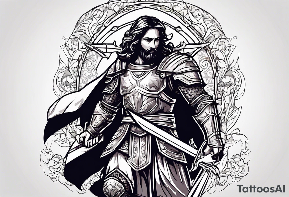 Almighty powerful Jesus in his indestructible armor and using his sword to cut off Satan's head tattoo idea