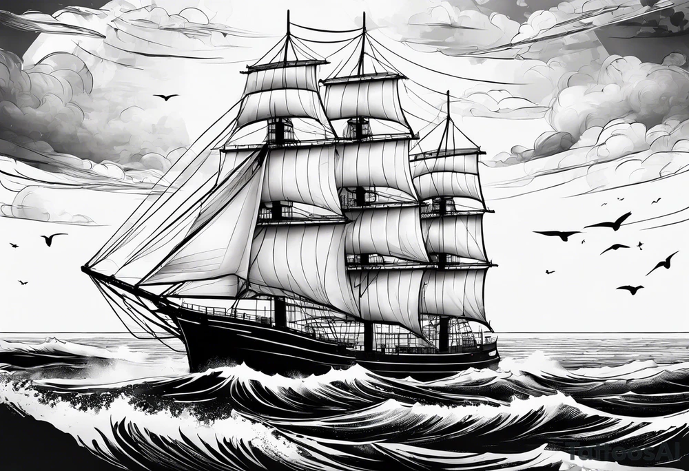 maritime lighthouse partially hidden by its  large fixed sails. tattoo idea