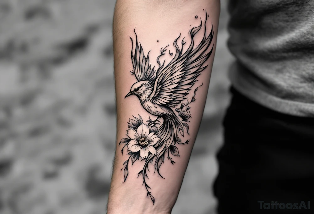 Feminine bird with flames and flowers tattoo idea