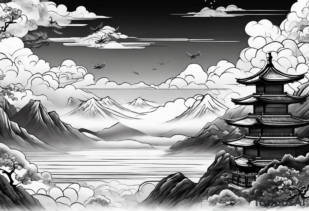 samurai flies among the clouds. beneath it is the ocean and mountains. war and love tattoo idea